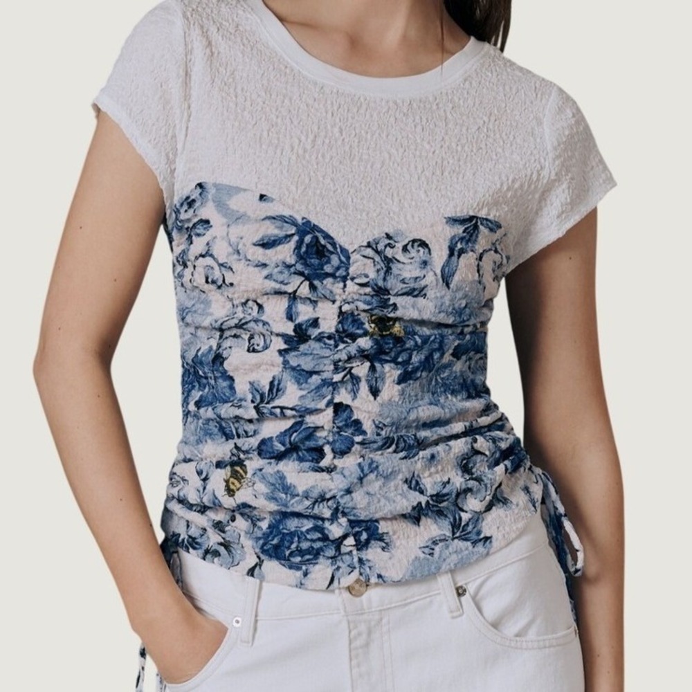 Maeve Anthropologie Ruched Corset Top S Floral Bee Seersucker Slim Blue White